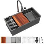 Logmey 33'' Double Step Waterfall Workstation Sink - Undermount Single Bowl with Faucet - Gunmetal Black NANO-PVD Stainless Steel