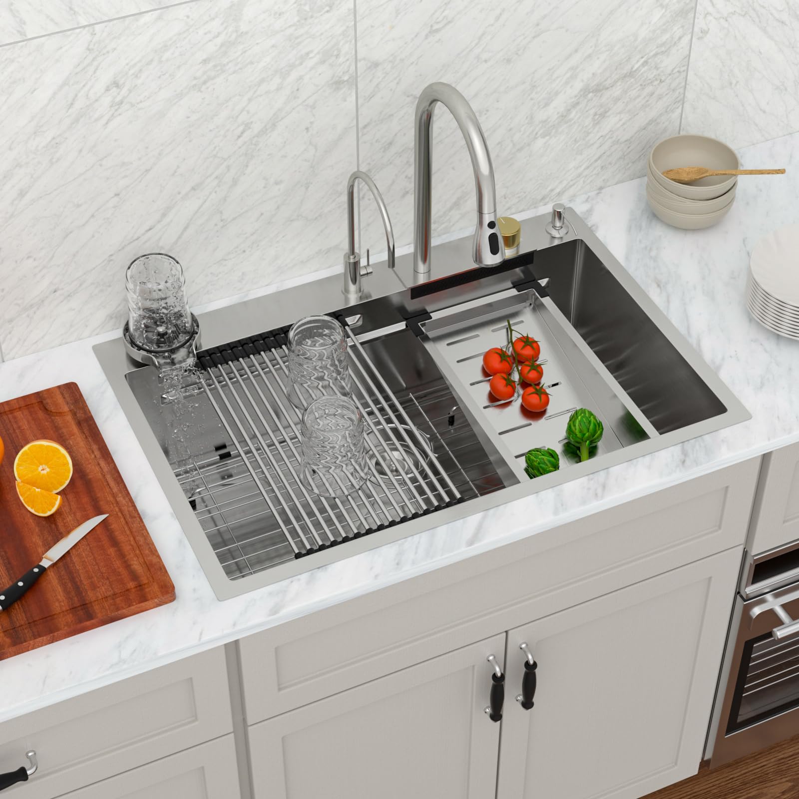 Logmey 33'' Waterfall Workstation Sink - Drop-In Single Bowl with Faucet & Cup Washer - Silver Stainless Steel