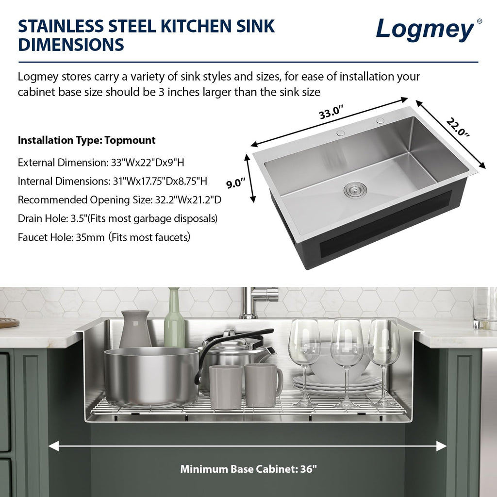Logmey 33'' Kitchen Sink - Drop-In Topmount Single Bowl - Silver Stainless Steel