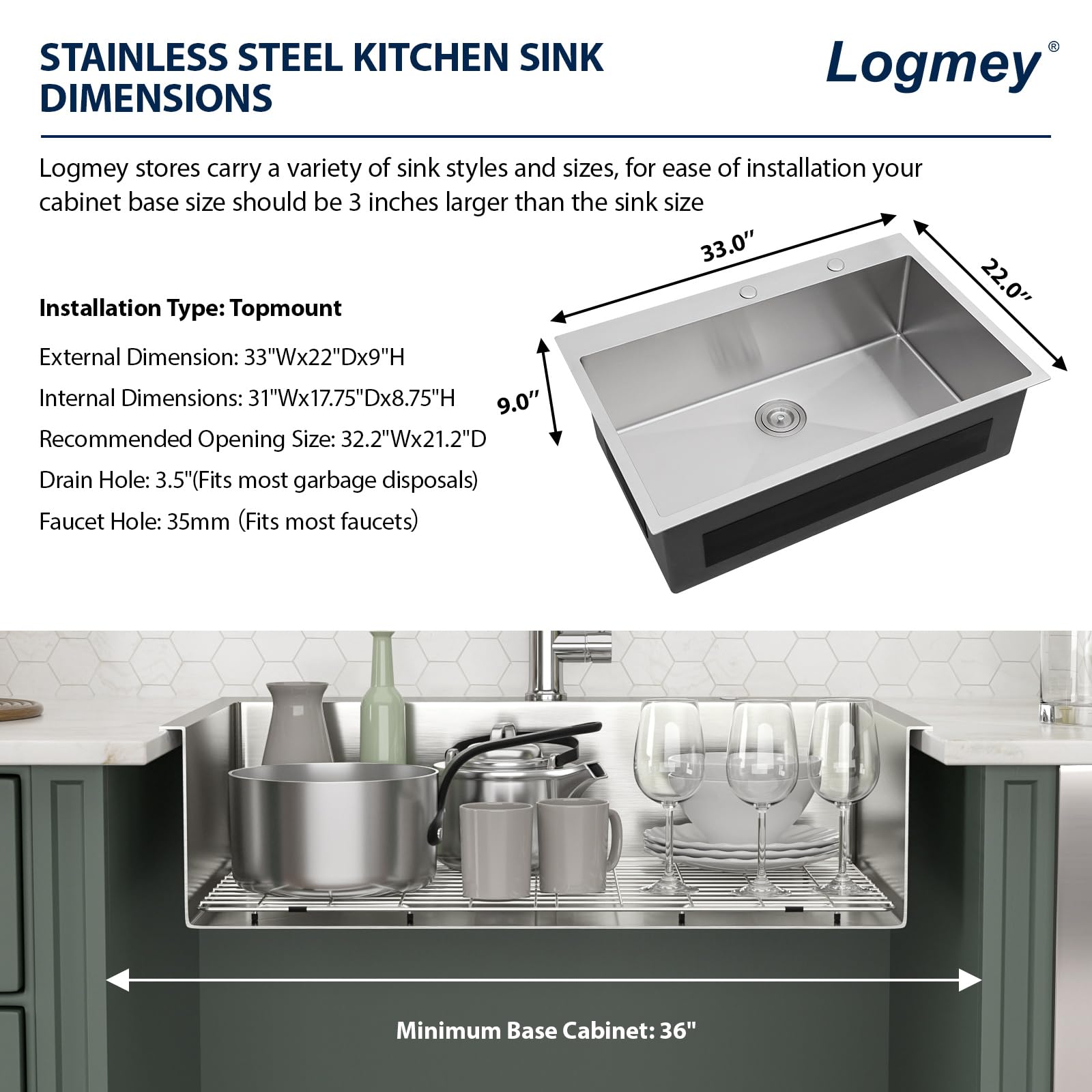 Logmey 33'' Kitchen Sink - Drop-In Single Bowl R10 Round Corner - Silver Stainless Steel