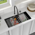 Logmey 33'' Double Step Waterfall Workstation Sink - Undermount Single Bowl with Faucet - Gunmetal Black NANO-PVD Stainless Steel