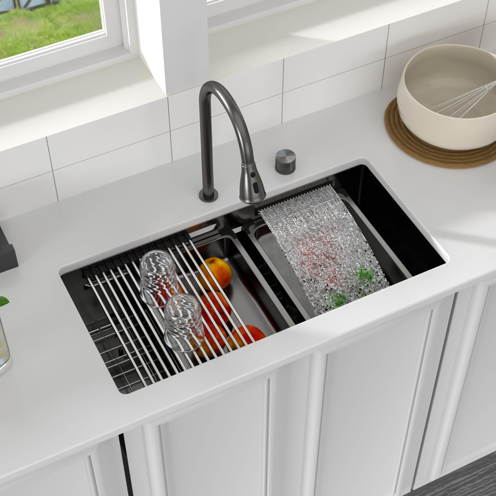 Logmey 33'' Double Step Waterfall Workstation Sink - Undermount Single Bowl with Faucet - Gunmetal Black NANO-PVD Stainless Steel