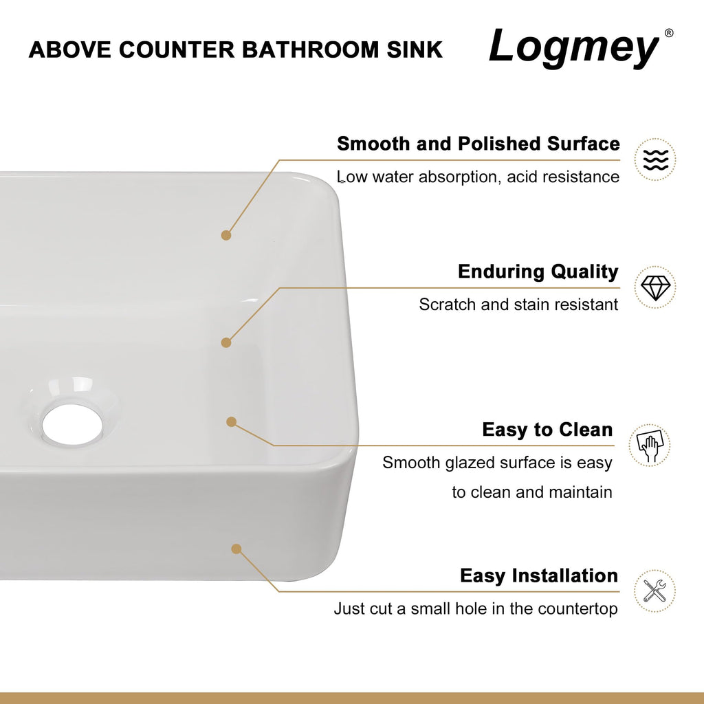 Logmey 16''x12'' Bathroom Sink - Above Counter Rectangular Vessel Single Bowl - White Porcelain Ceramic