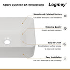 Logmey 16''x12'' Bathroom Sink - Above Counter Rectangular Vessel Single Bowl - White Porcelain Ceramic