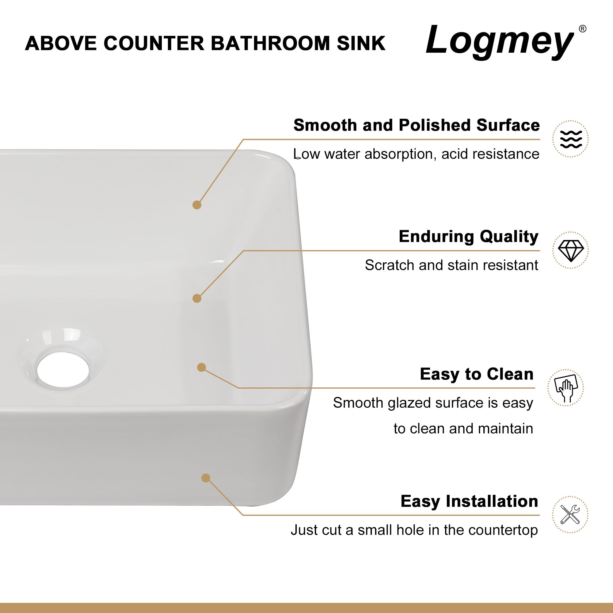 Logmey 16x12 Inch White Above Counter Porcelain Ceramic Bathroom Vessel Sink