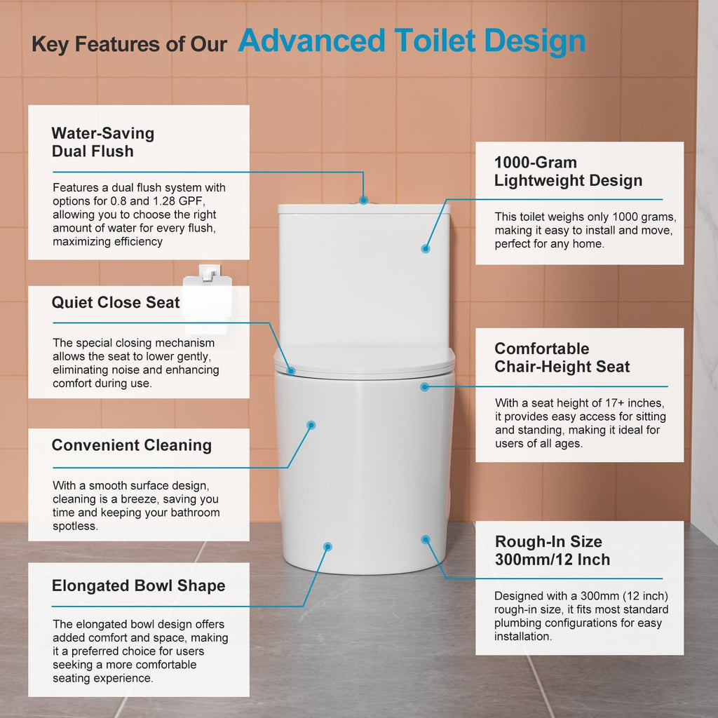 Logmey Elongated One Piece Toilet - White Siphonic Dual Flush