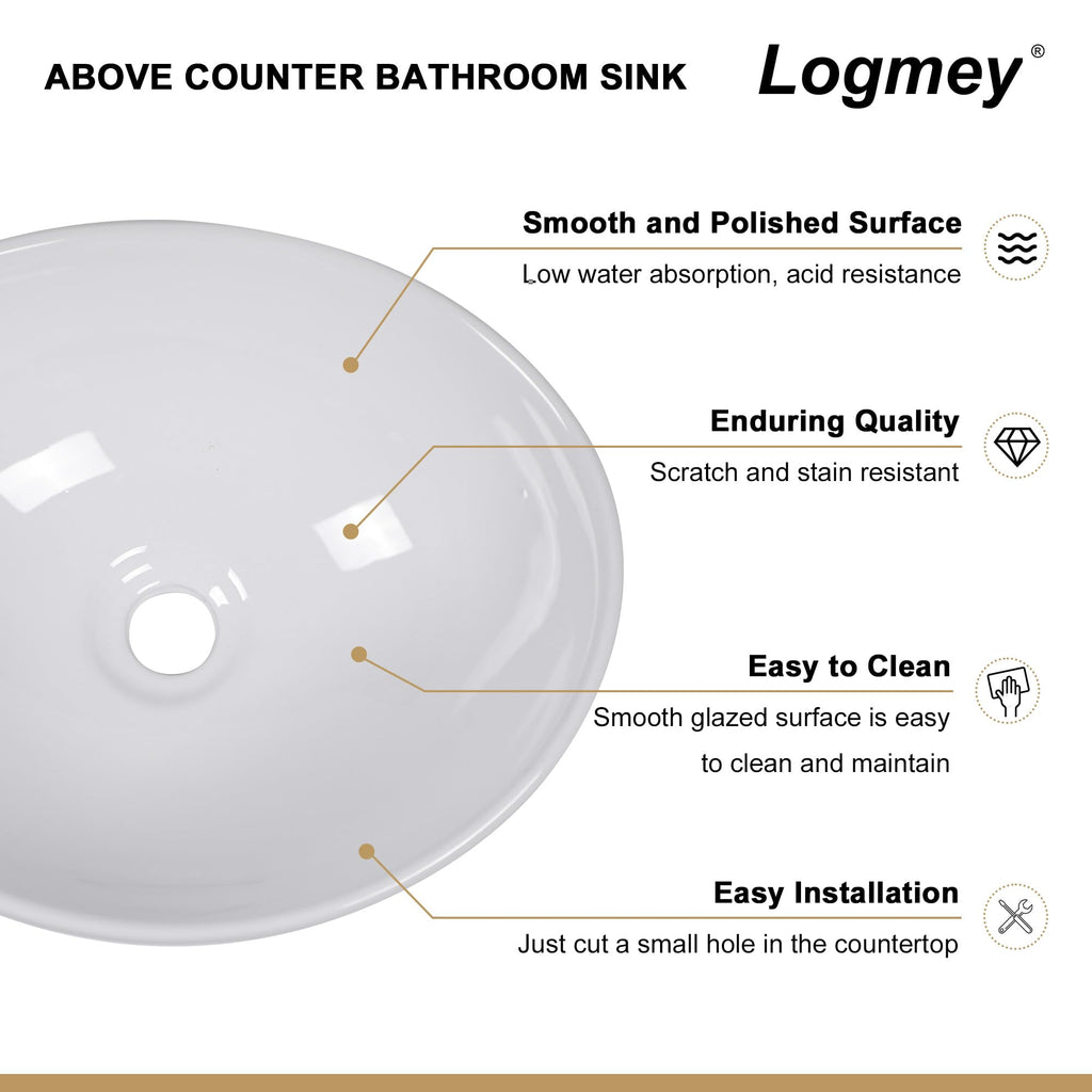 Logmey 16''x13'' Bathroom Sink - Above Counter Rectangular Vessel Single Bowl - White Porcelain Ceramic