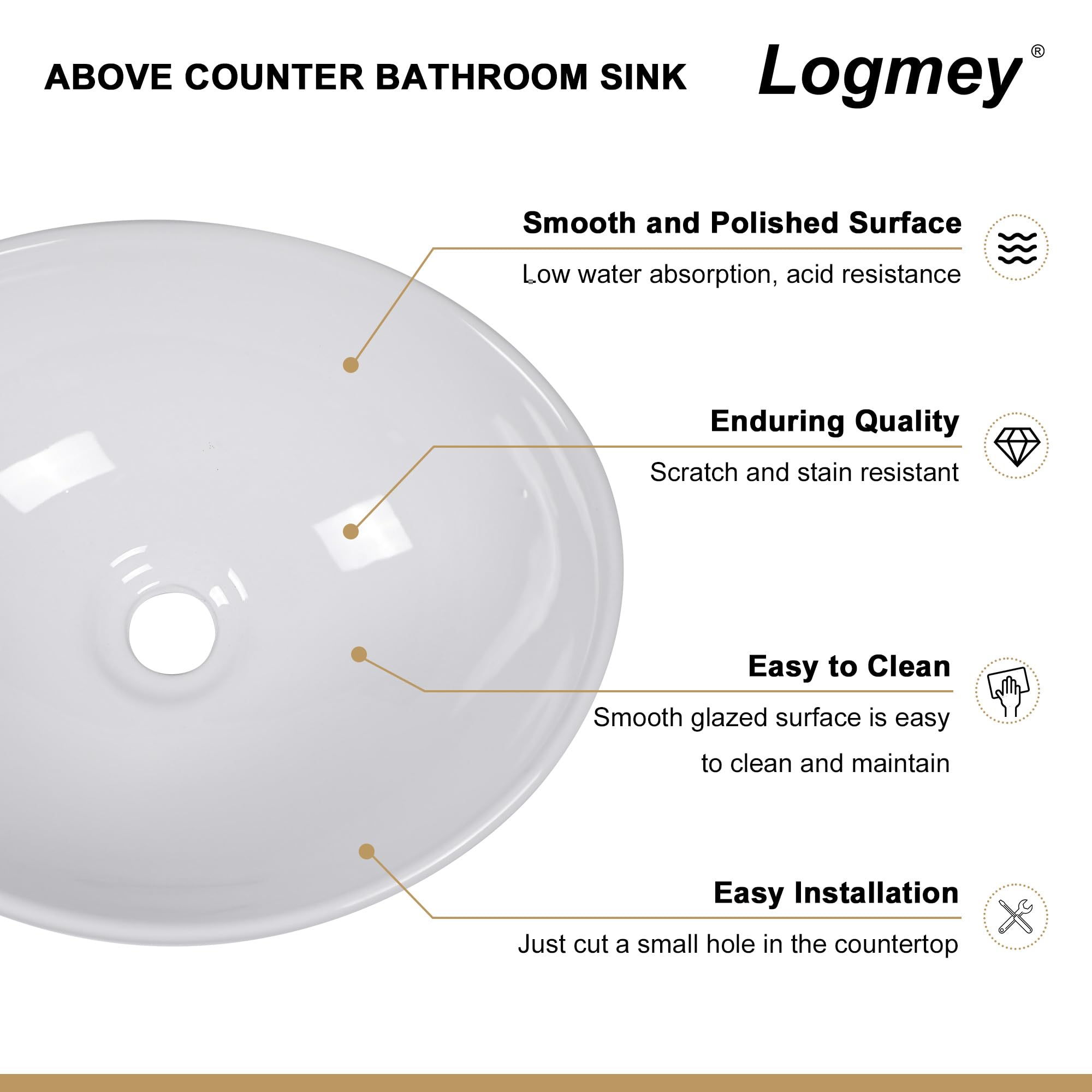 Logmey 16x13 inch Modern Above Counter White Porcelain Ceramic Bathroom Vessel Sink