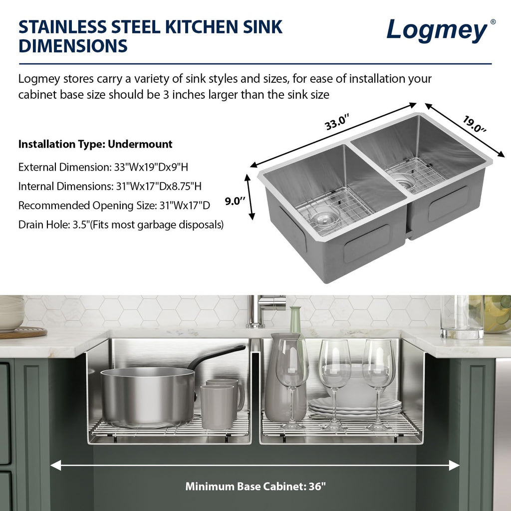 Logmey 33''x19'' Kitchen Sink - Undermount Double Bowl - Silver Stainless Steel