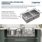 Logmey 33''x19'' Kitchen Sink - Undermount Double Bowl - Silver Stainless Steel