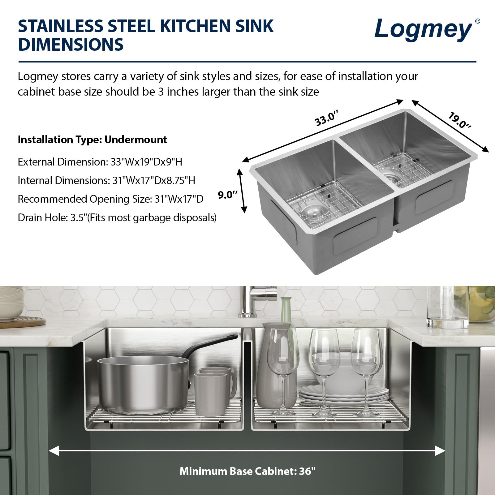 Logmey 33''x19'' Kitchen Sink - Undermount Double Bowl - Silver Stainless Steel
