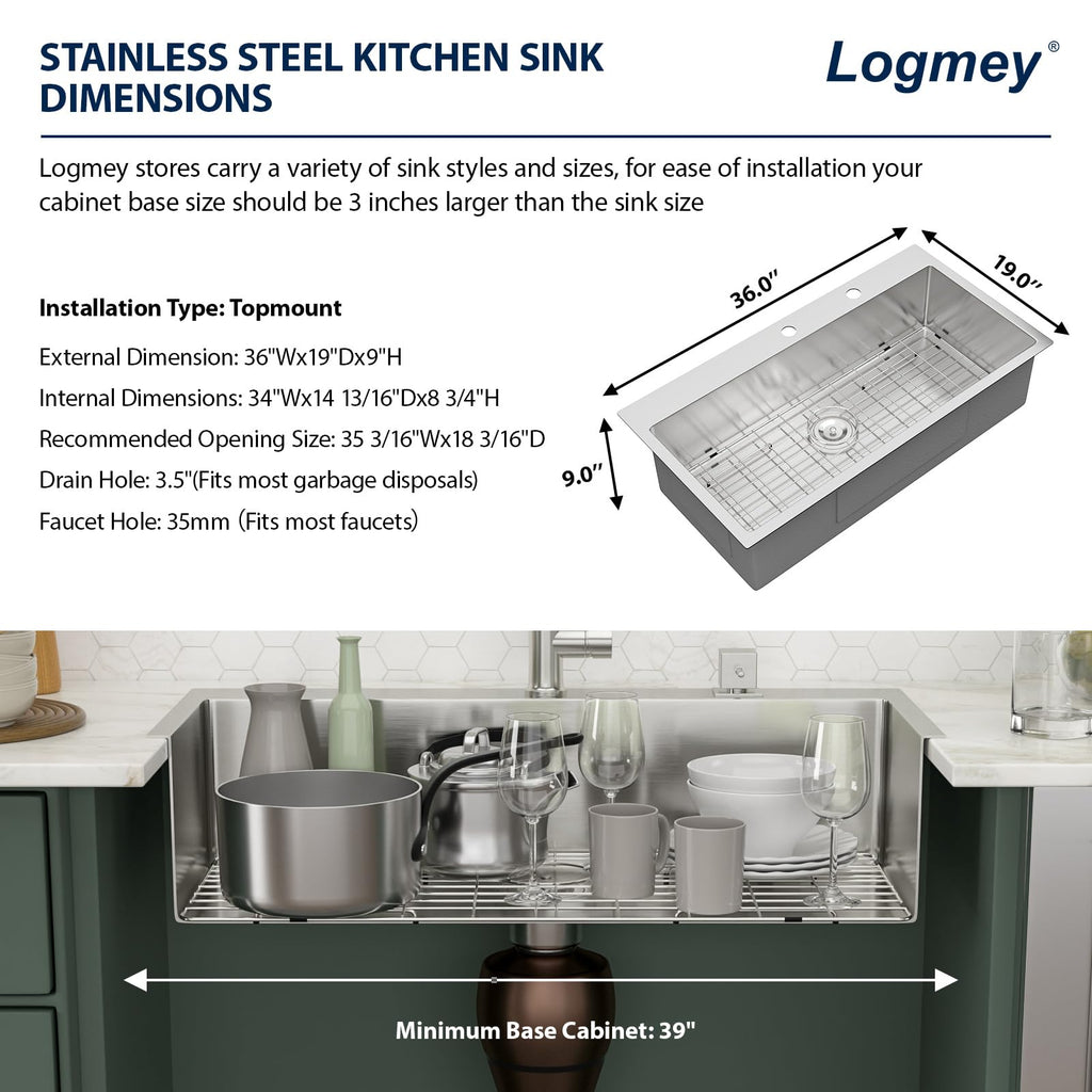 Logmey 36'' Kitchen Sink - Drop-In Round Corner Single Bowl - Silver Stainless Steel