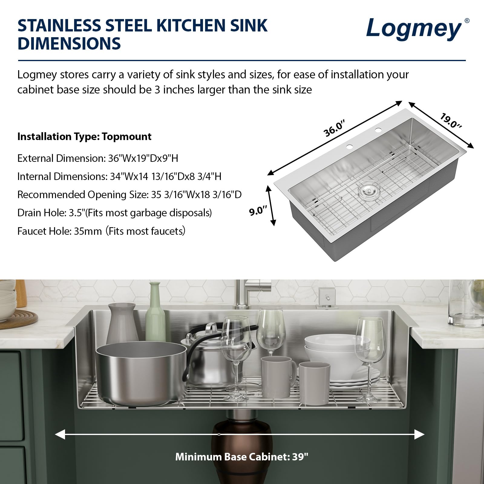 Logmey 36'' Kitchen Sink - Drop-In Round Corner Single Bowl - Silver Stainless Steel