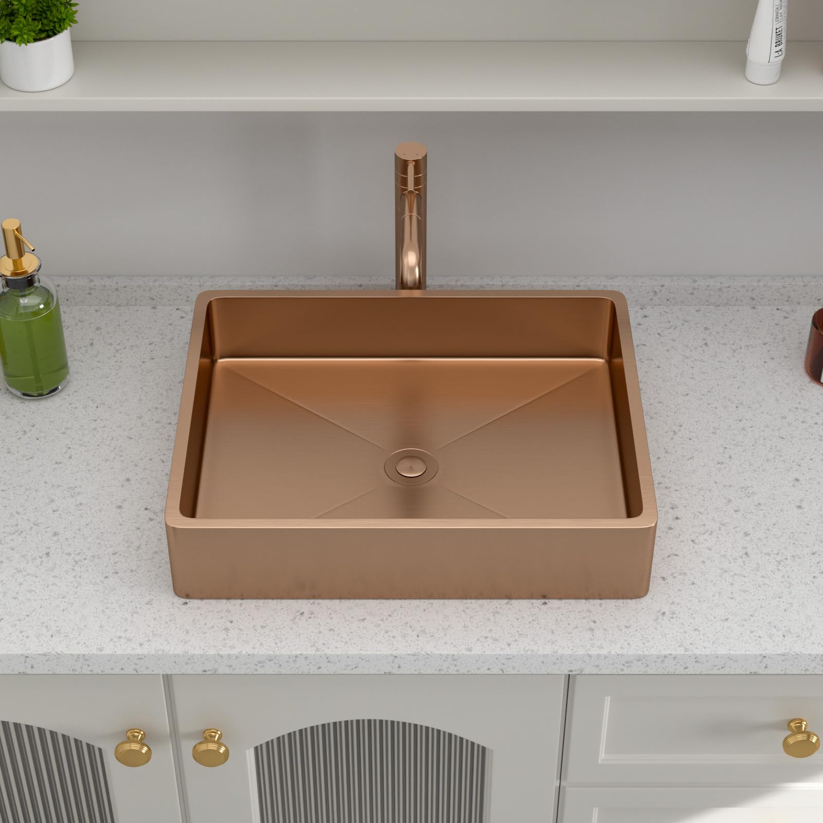 Logmey 19x15 Inch Rose Gold Above Counter Stainless Steel Bathroom Vessel Sink with Drainer