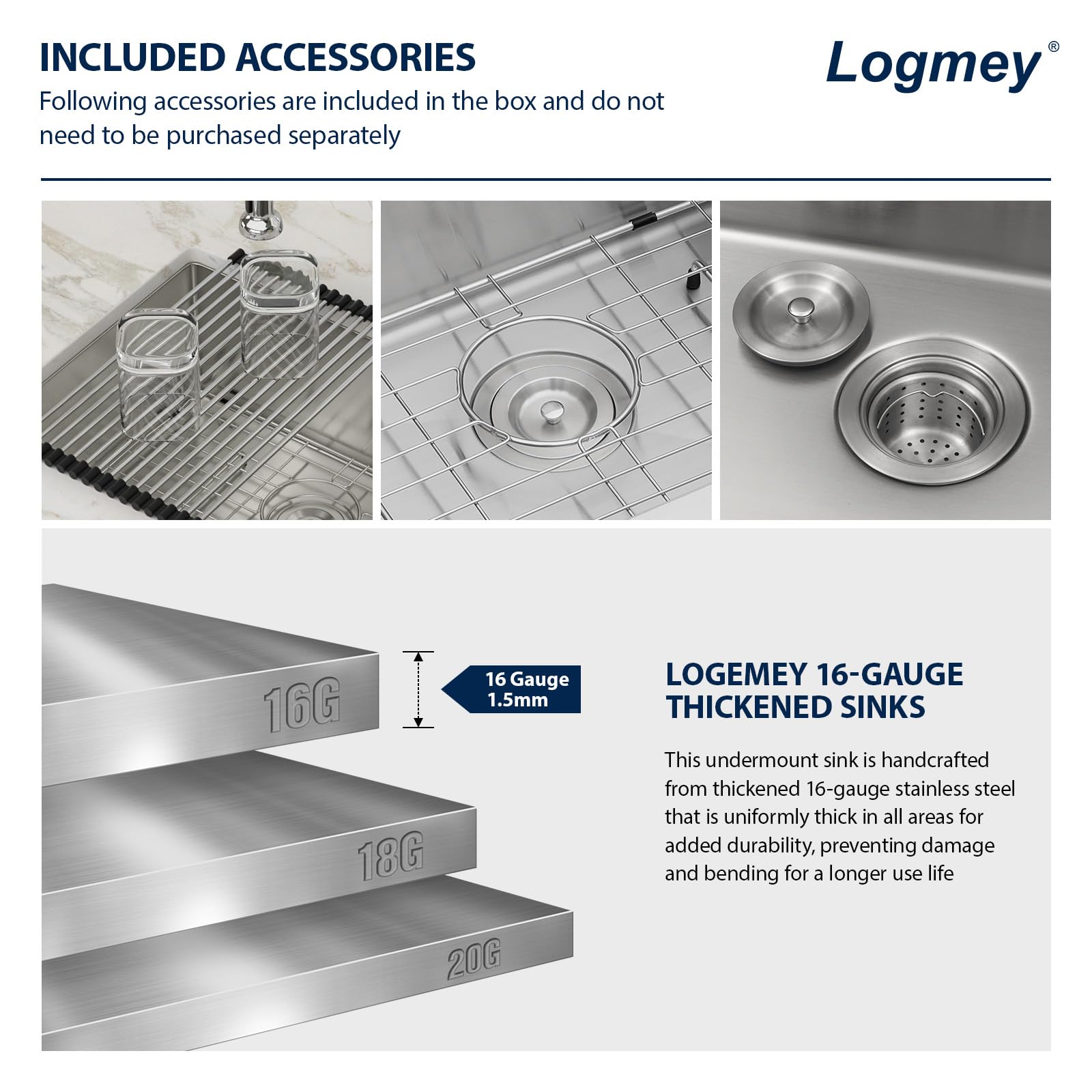 Logmey 23''x18'' Kitchen Sink - Undermount Single Bowl - Silver Stainless Steel