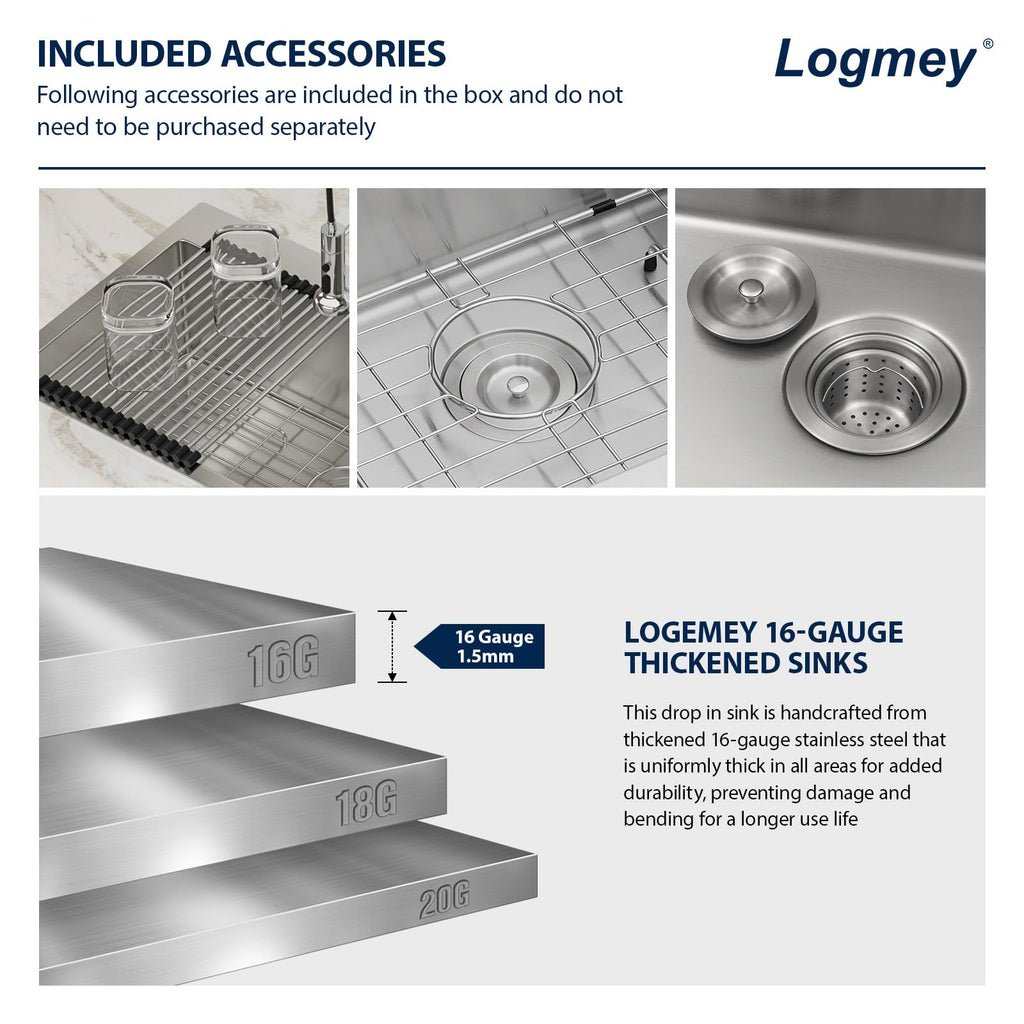 Logmey 36'' Kitchen Sink - Drop-In Round Corner Single Bowl - Silver Stainless Steel