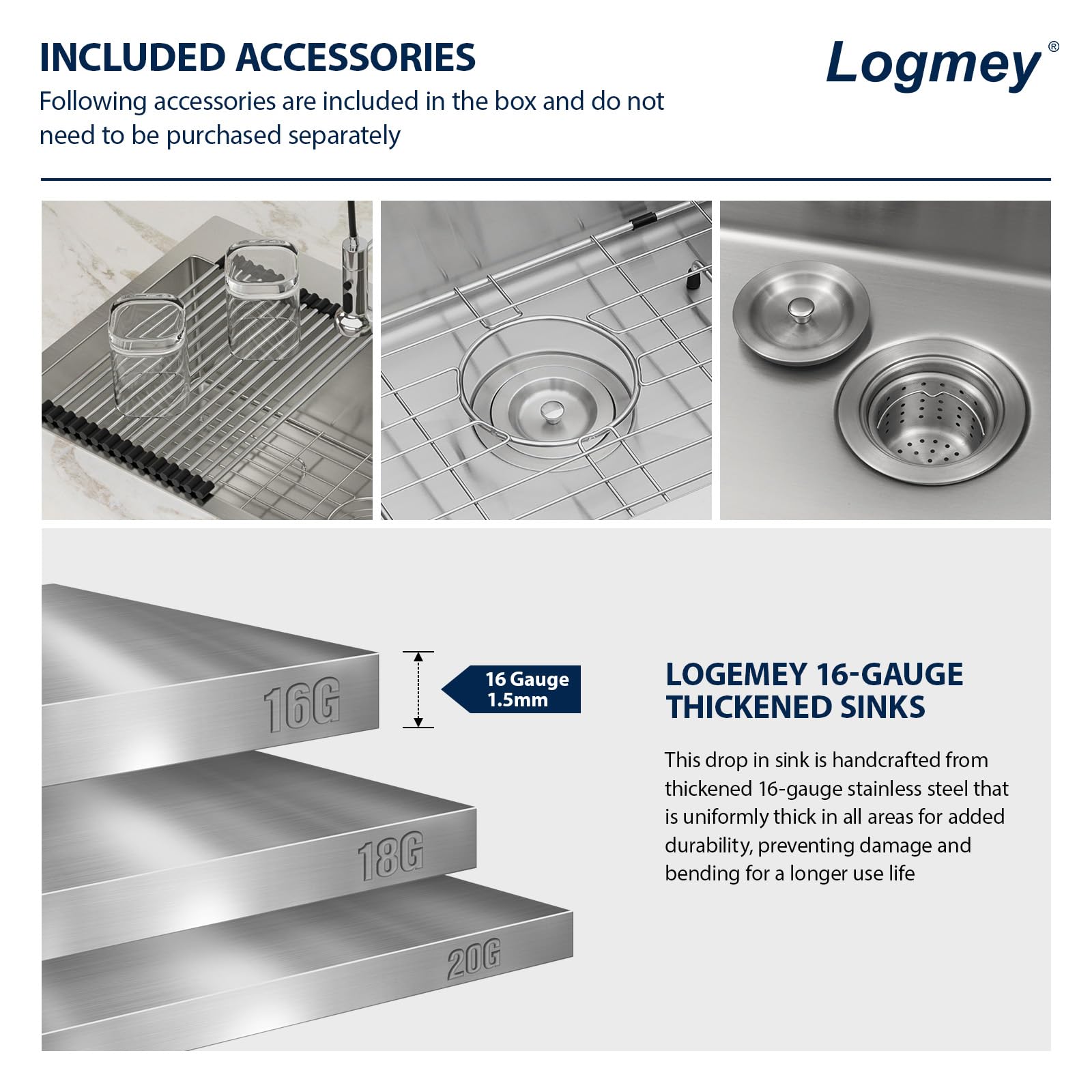 Logmey 36'' Kitchen Sink - Drop-In Round Corner Single Bowl - Silver Stainless Steel