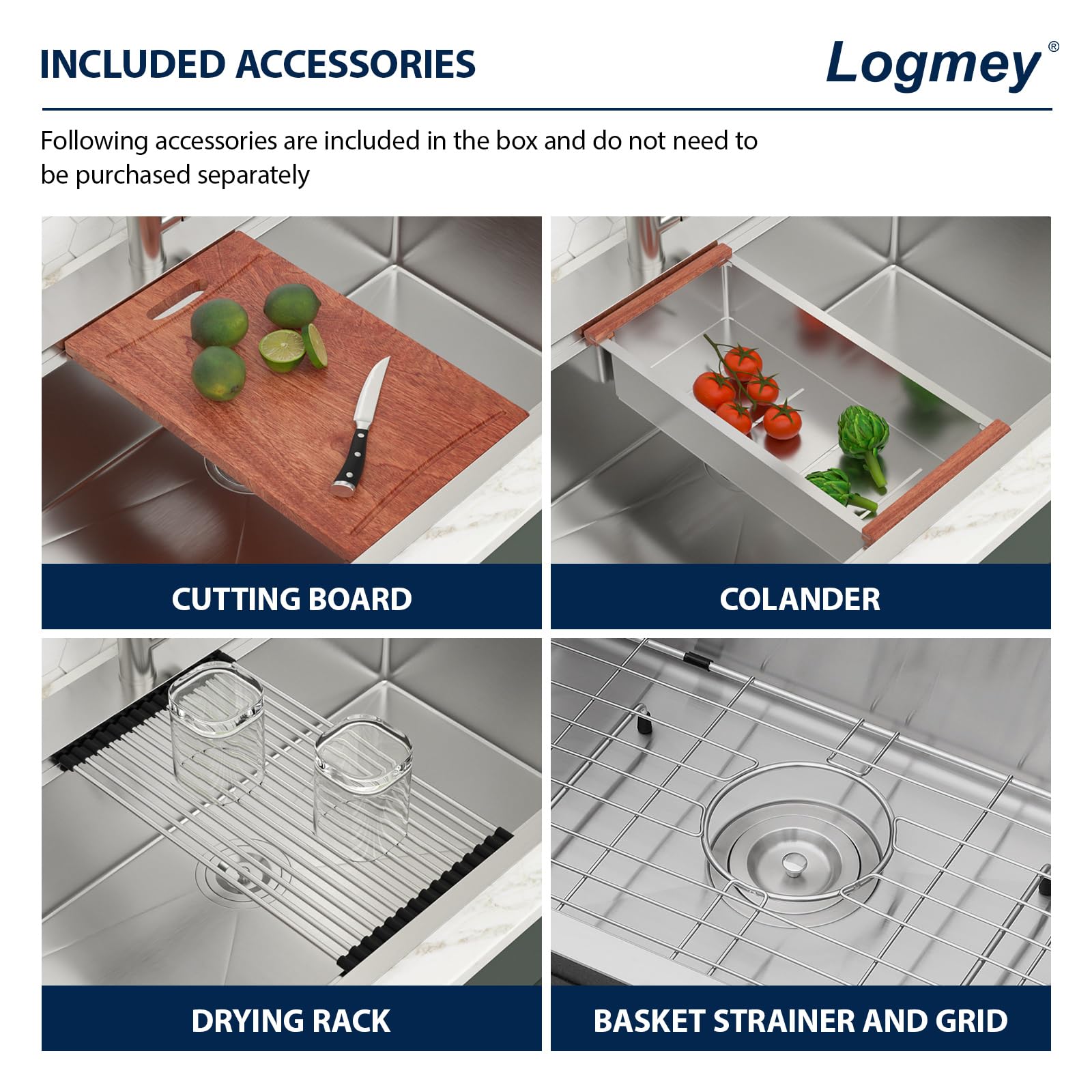Logmey 25'' Workstation Kitchen Sink - Drop-In Single Bowl with Pull-out Faucet - Silver Stainless Steel