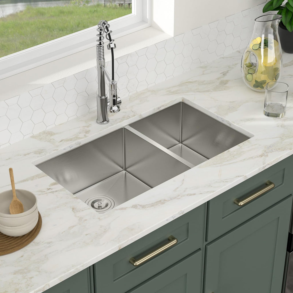 Logmey 32'' Kitchen Sink - Undermount 60/40 Double Bowl - Silver Stainless Steel