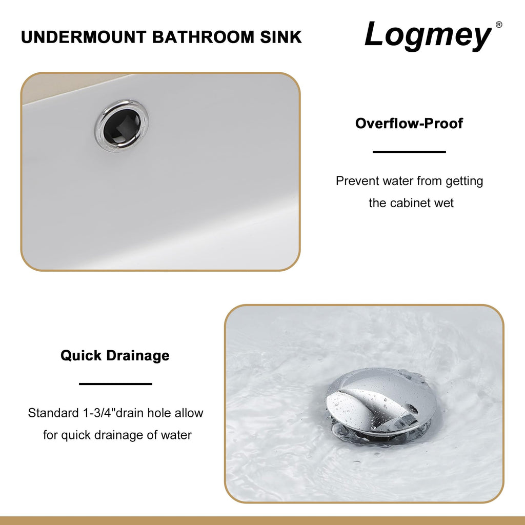Logmey 20''x16'' Bathroom Sink - Undermount Rectangular Vessel Single Bowl - White Porcelain Ceramic