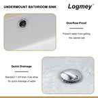 Logmey 20''x16'' Bathroom Sink - Undermount Rectangular Vessel Single Bowl - White Porcelain Ceramic