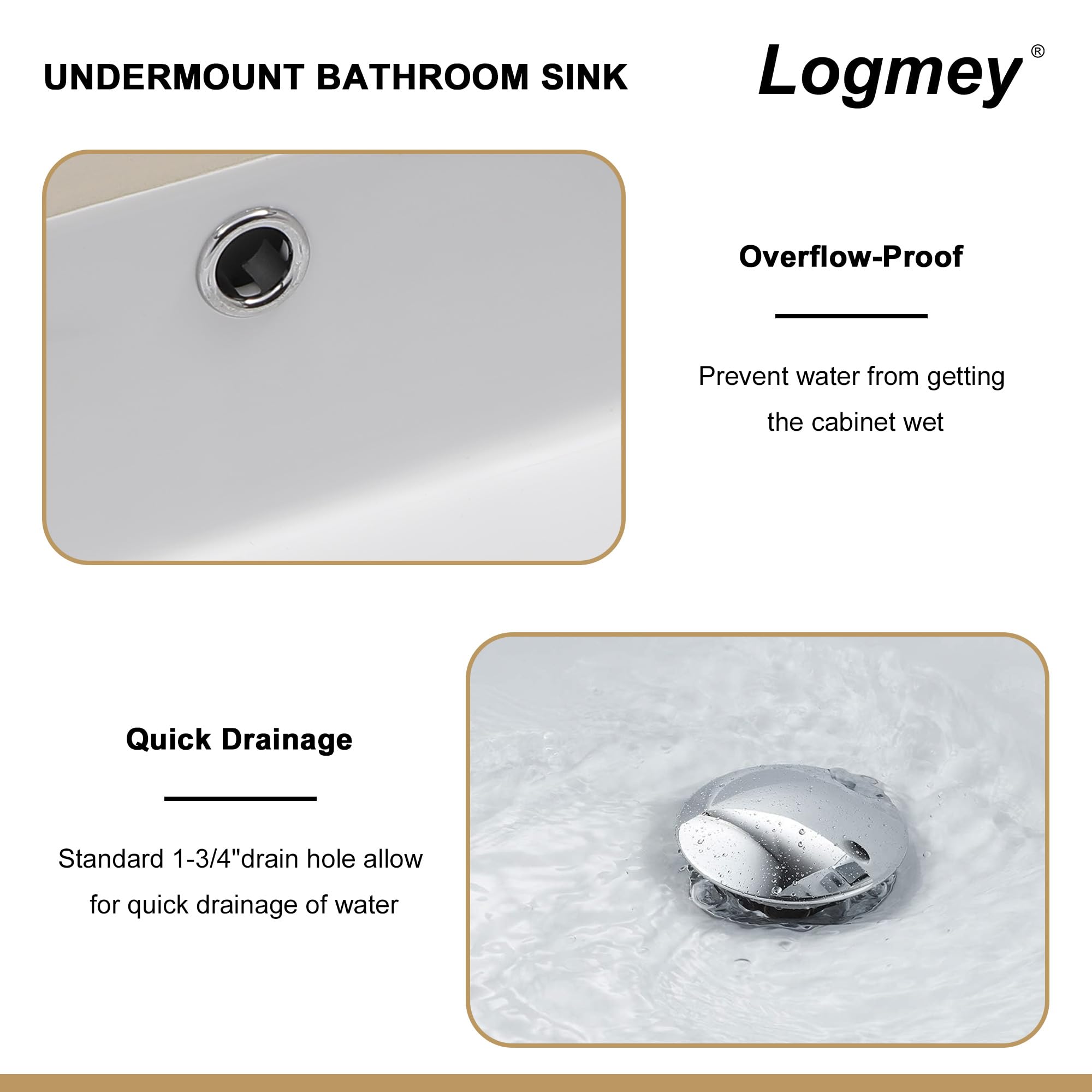 Logmey 18''x12'' Bathroom Sink - Undermount Vessel Single Bowl - White Porcelain Ceramic
