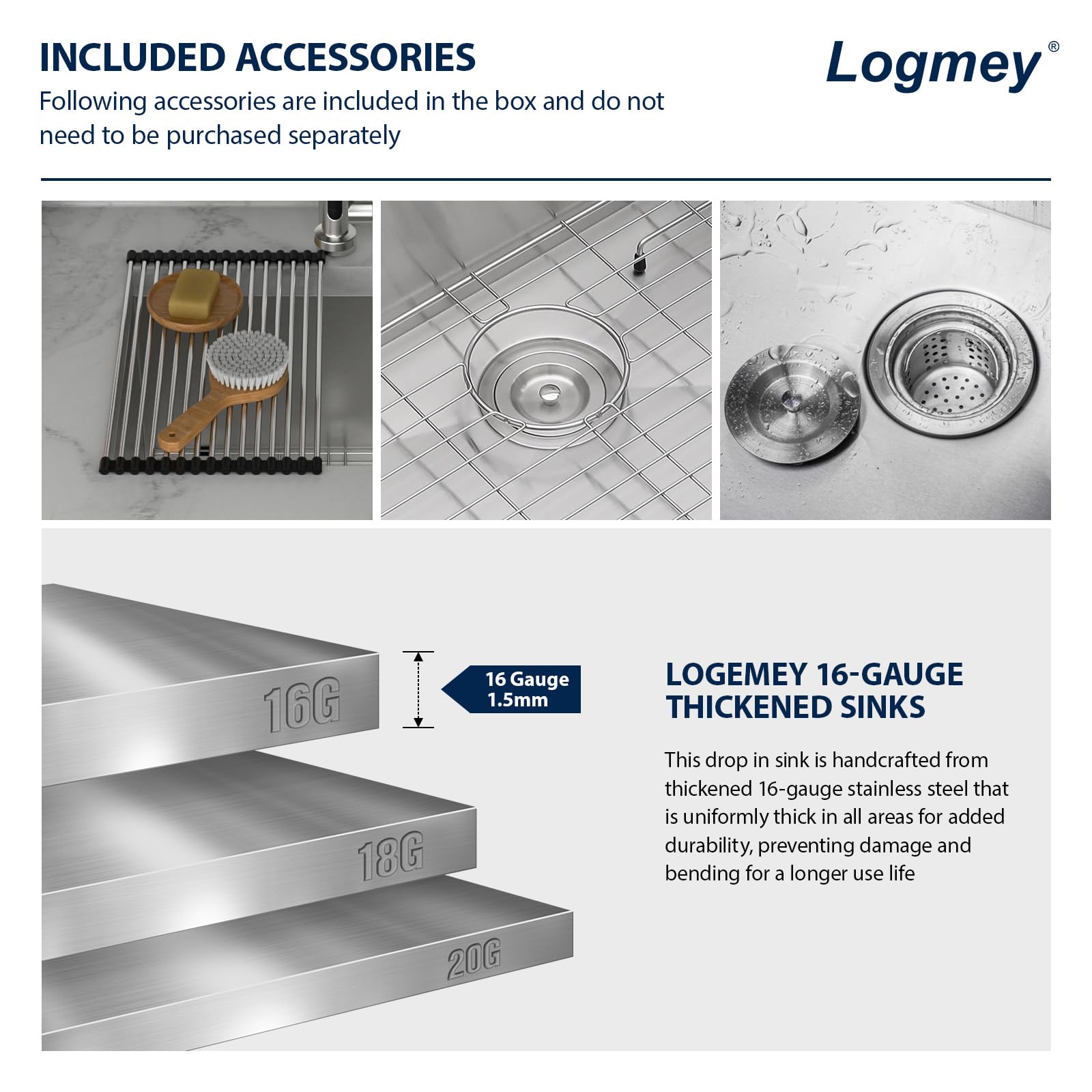 Logmey 21'' Laundry Utility Sink - Undermount Deep Single Bowl - Silver Stainless Steel