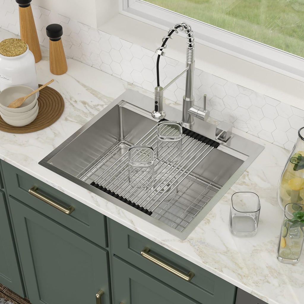 Logmey 25'' Workstation Bar Sink - Drop-In Single Bowl - Silver Stainless Steel