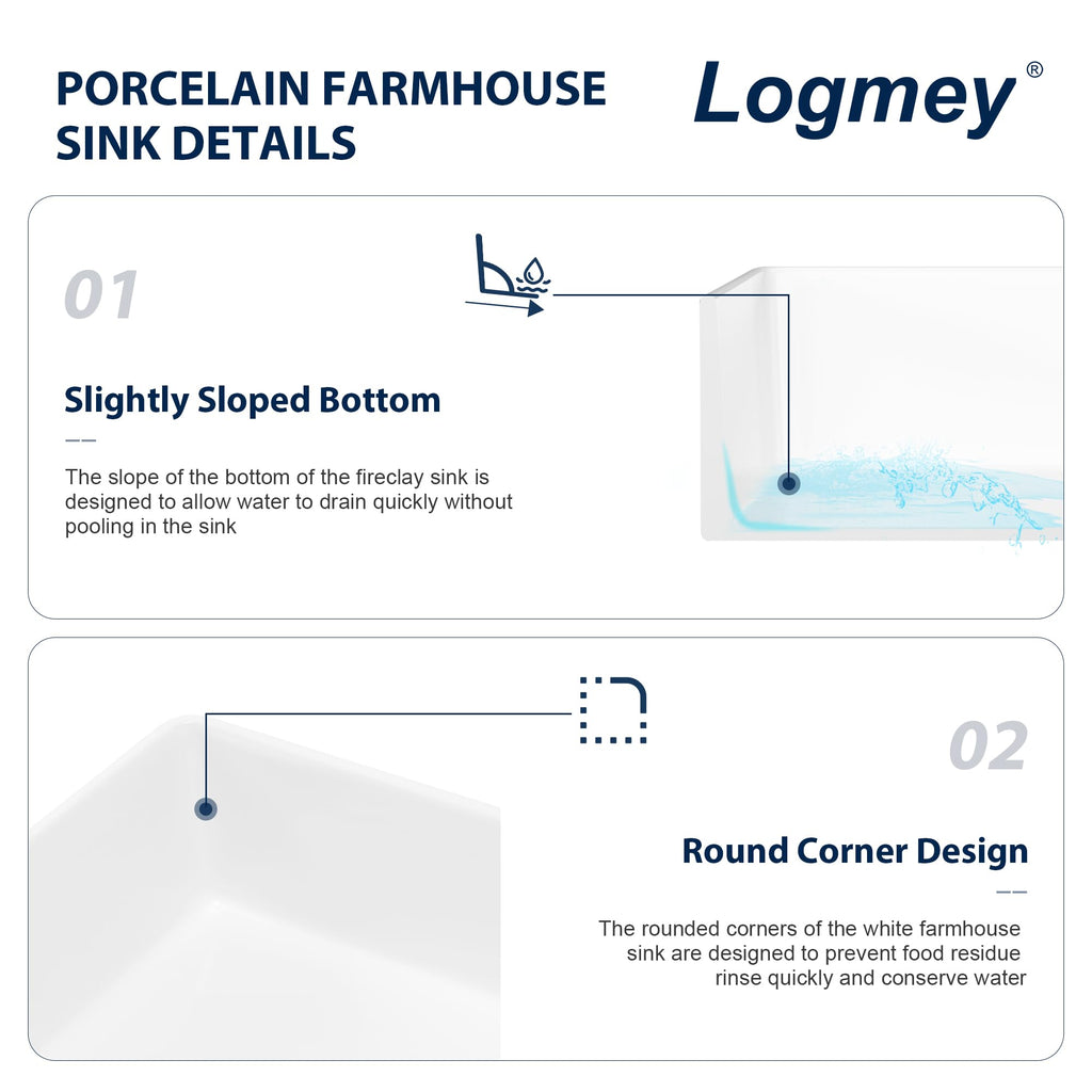 Logmey 33 Inch White Workstation Single Bowl Apron Front Fireclay Ceramic Farmhouse Sink