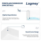 Logmey 33 Inch White Workstation Single Bowl Apron Front Fireclay Ceramic Farmhouse Sink