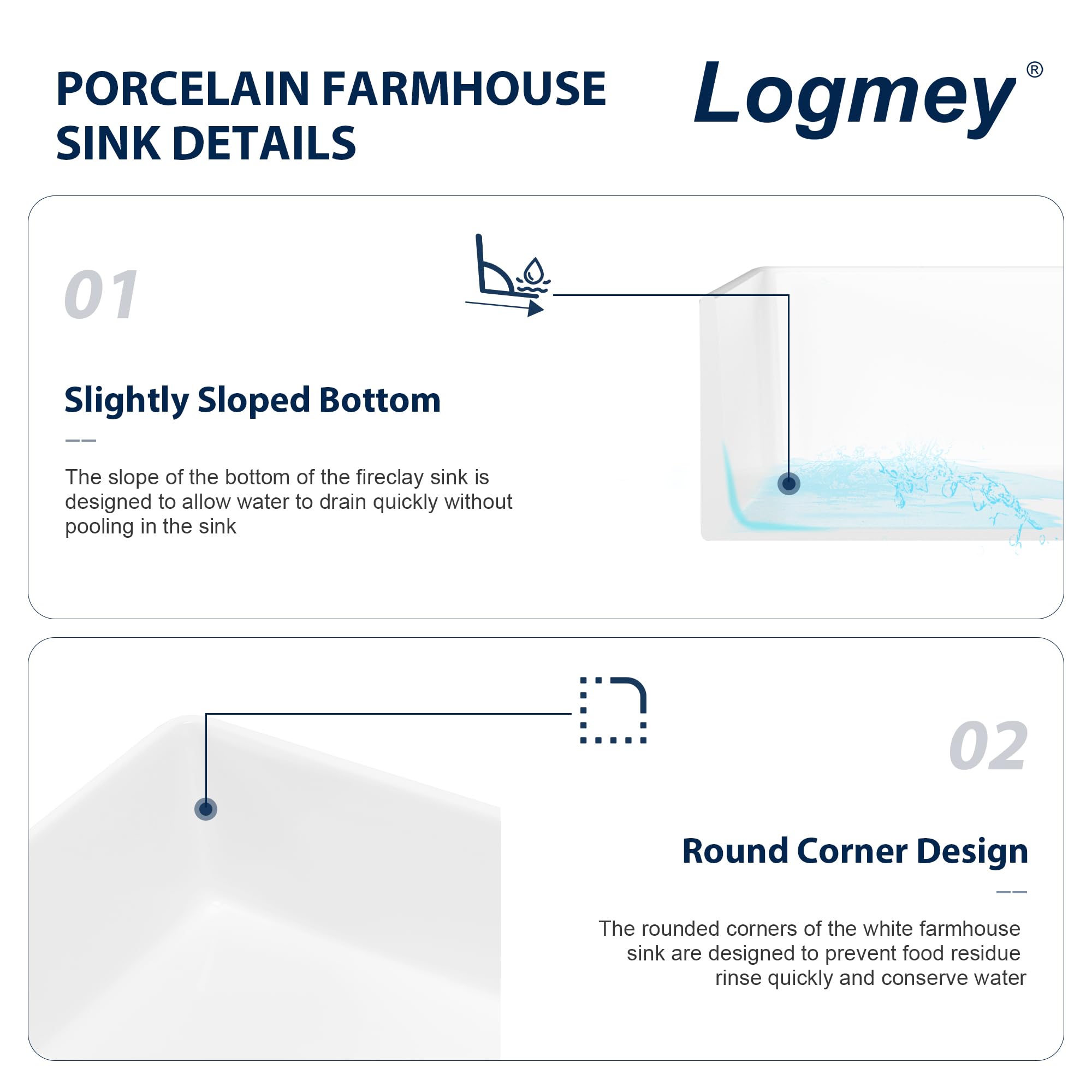 Logmey 33 Inch White Workstation Single Bowl Apron Front Fireclay Ceramic Farmhouse Sink