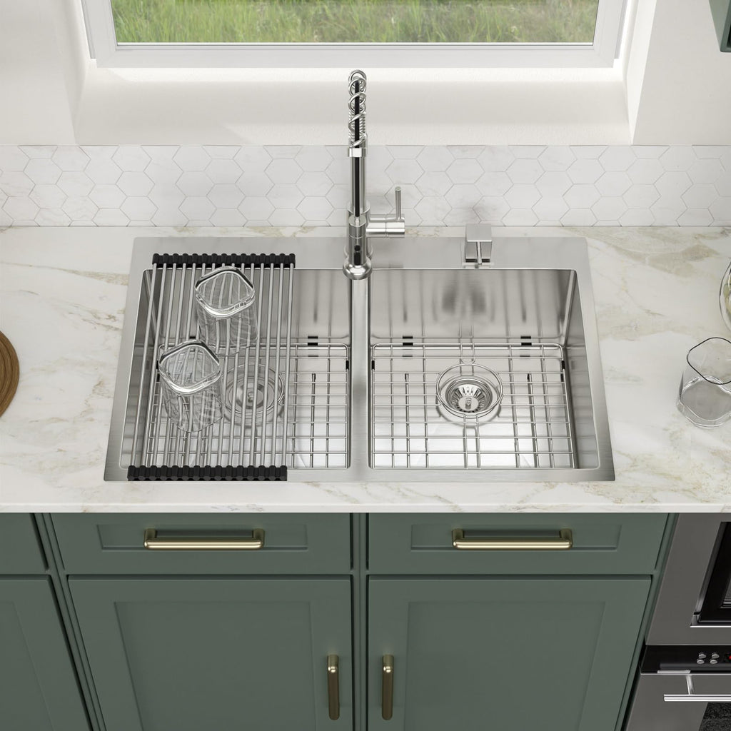 Logmey 33'' Kitchen Sink - Drop-In Topmount 50/50 Double Bowl - Silver Stainless Steel