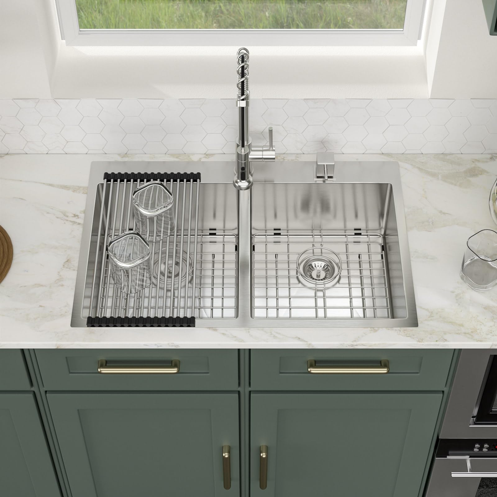 Logmey 33'' Kitchen Sink - Drop-In Topmount 50/50 Double Bowl - Silver Stainless Steel