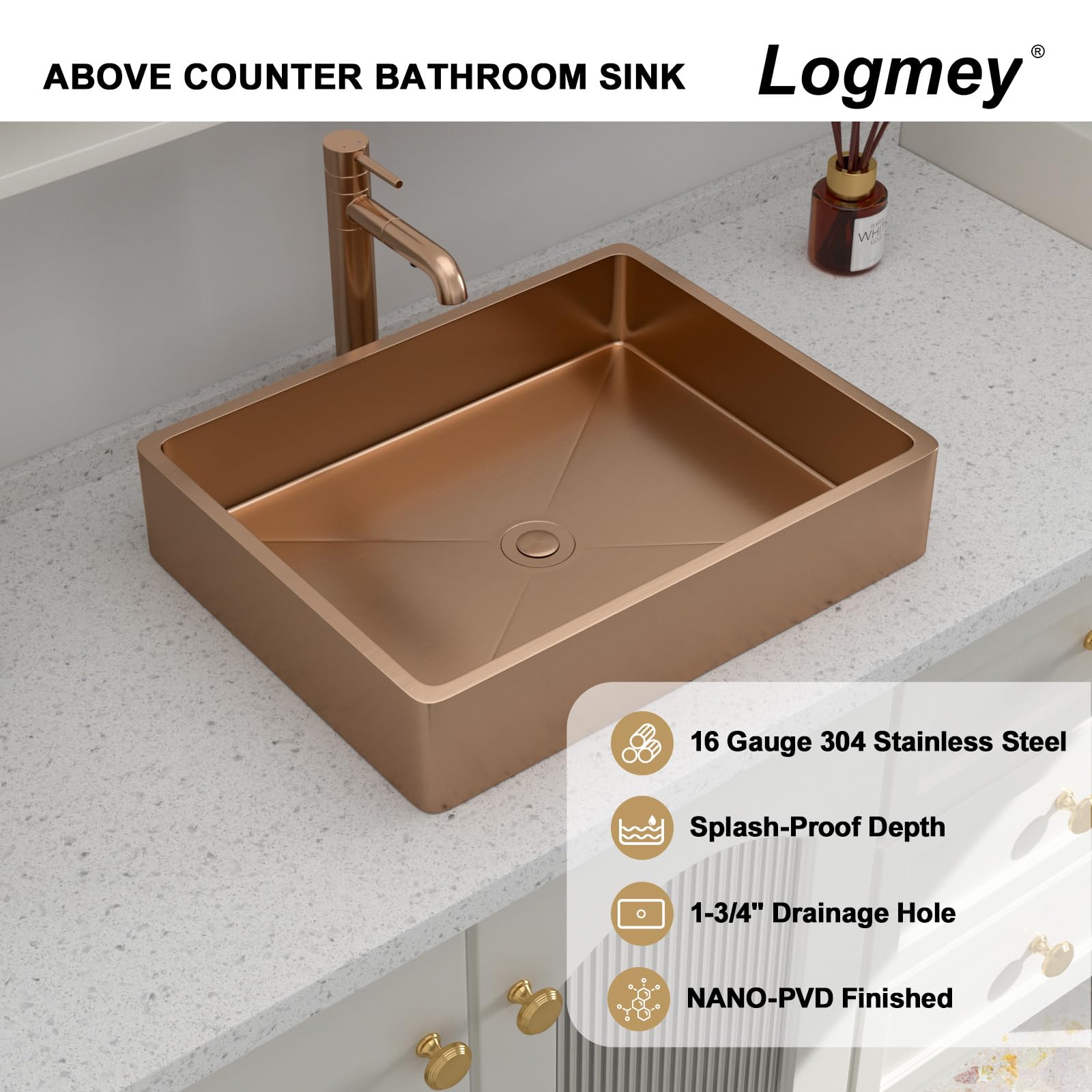 Logmey 19x15 Inch Rose Gold Above Counter Stainless Steel Bathroom Vessel Sink with Drainer