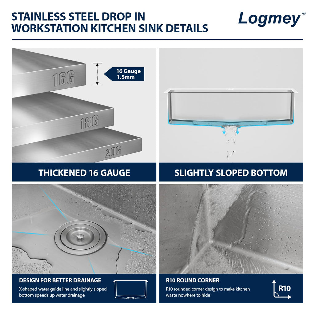 Logmey 33'' Workstation Kitchen Sink - Drop-In Single Bowl - Silver Stainless Steel