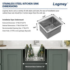 Logmey 13''x15'' Bar Sink - Undermount Single Bowl - Silver Stainless Steel