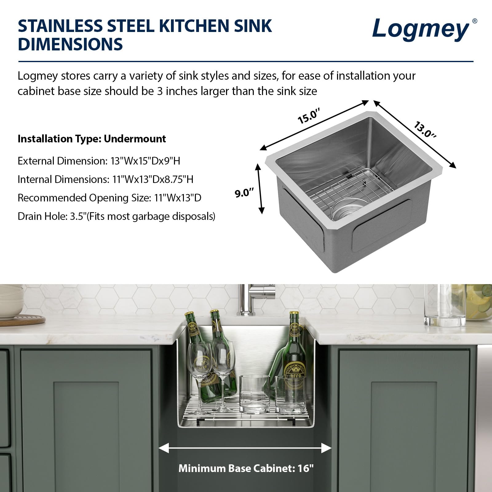 Logmey 13''x15'' Bar Sink - Undermount Single Bowl - Silver Stainless Steel
