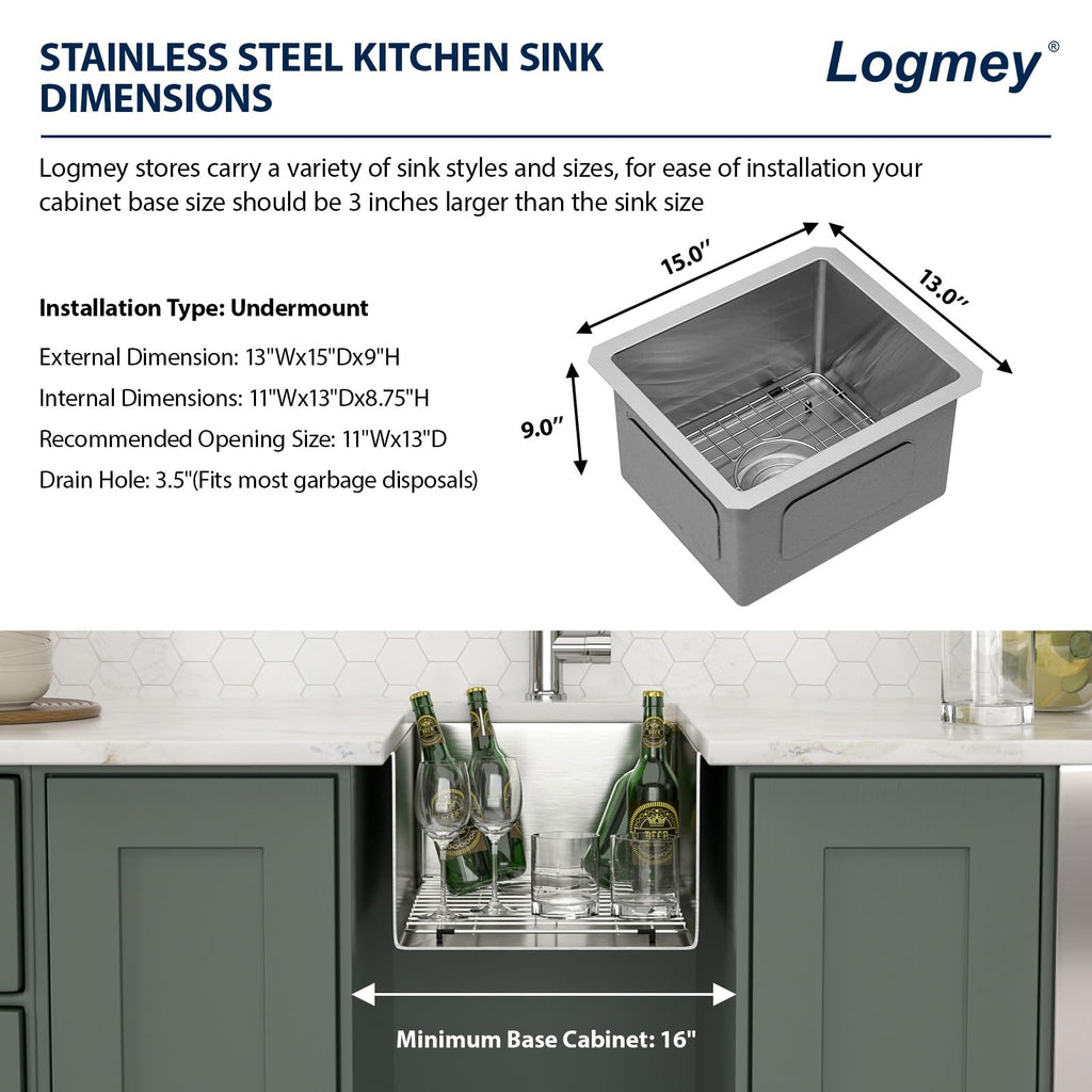 Logmey 13''x15'' Bar Sink - Undermount Small Single Bowl for RV Prep - Silver Stainless Steel