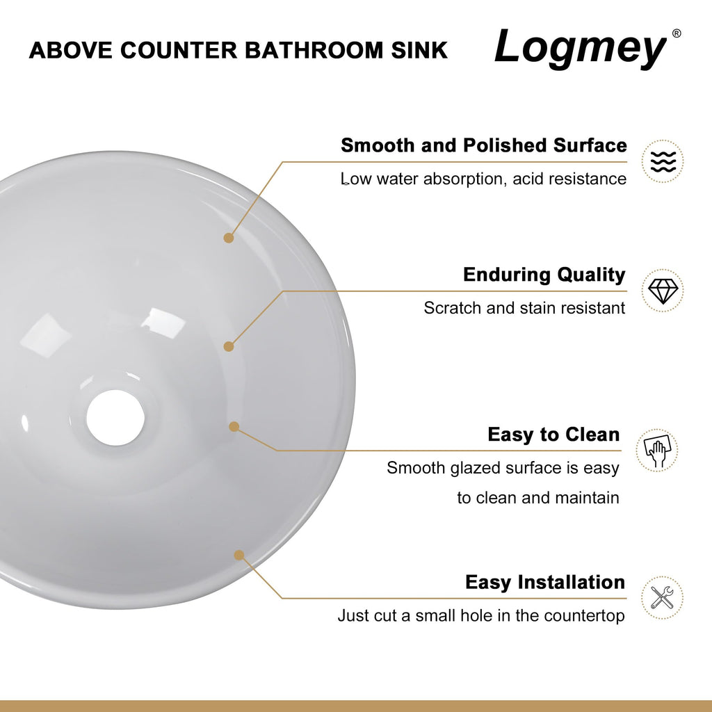 Logmey 16''x16'' Bathroom Sink - Round Above Counter Vessel Single Bowl - White Porcelain Ceramic