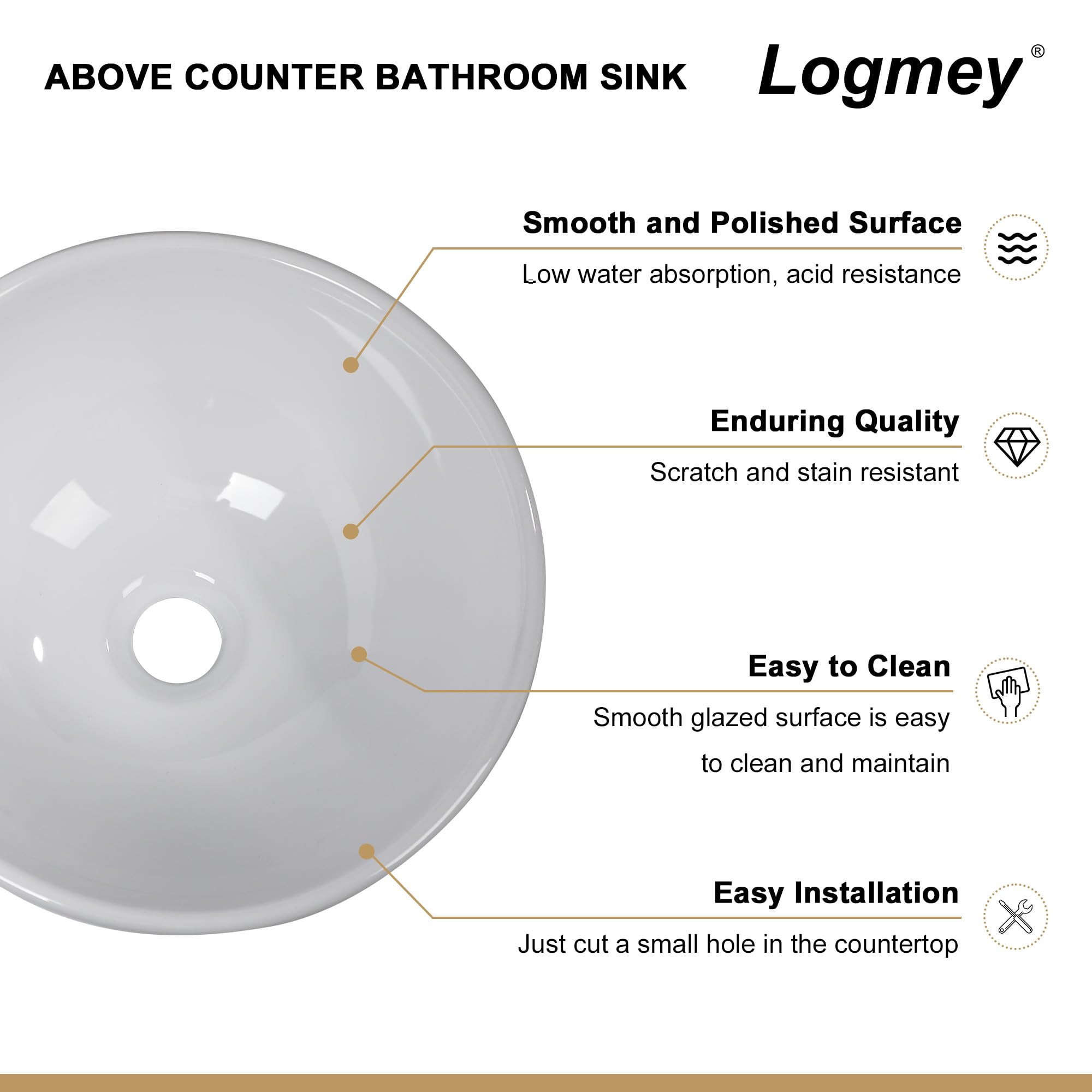 Logmey 16x16 Inch Modern White Round Above Counter Porcelain Ceramic Bathroom Vessel Sink