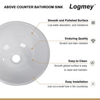 Logmey 13''x13'' Bathroom Sink - Round Above Counter Vessel Single Bowl - White Porcelain Ceramic