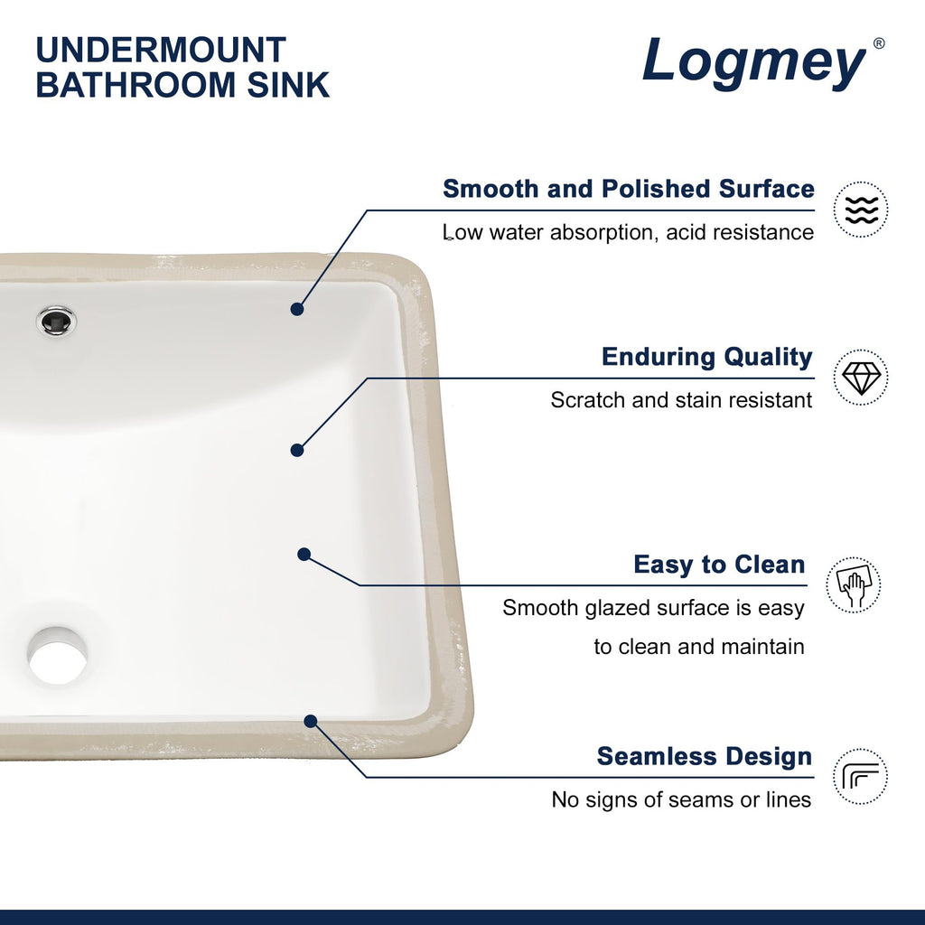 Logmey 21'' Bathroom Sink - Undermount Rectangular Single Bowl with Overflow - White Porcelain