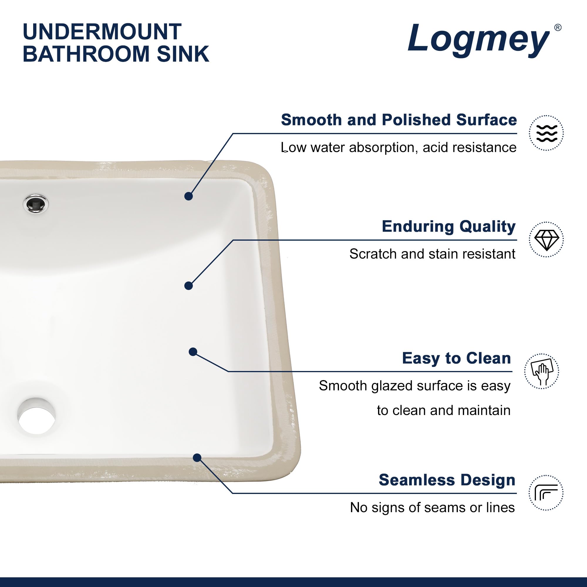 Logmey 21'' Bathroom Sink - Undermount Rectangular Single Bowl with Overflow - White Porcelain