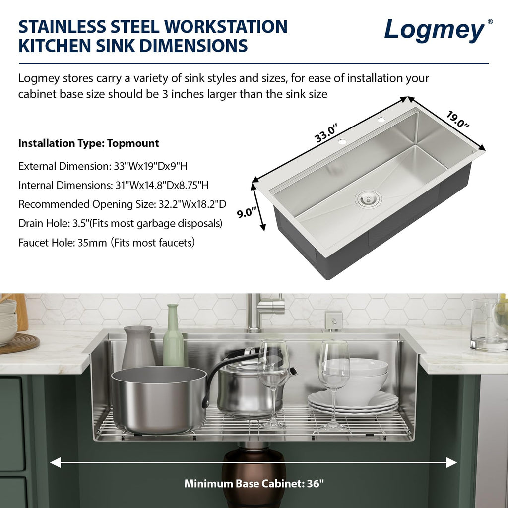 Logmey 33'' Workstation Kitchen Sink - Drop-In Single Bowl - Silver Stainless Steel