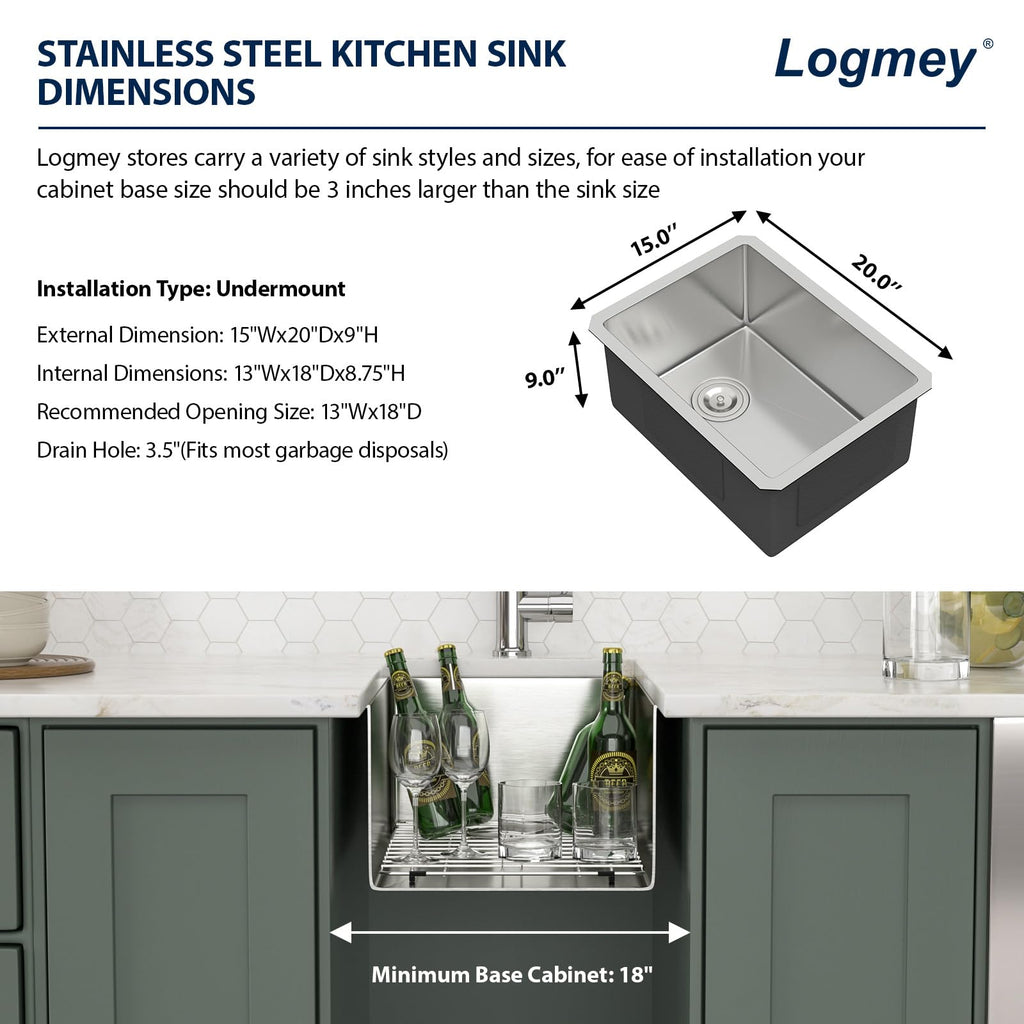 Logmey 15''x20'' Bar Sink - Undermount Single Bowl - Silver Stainless Steel