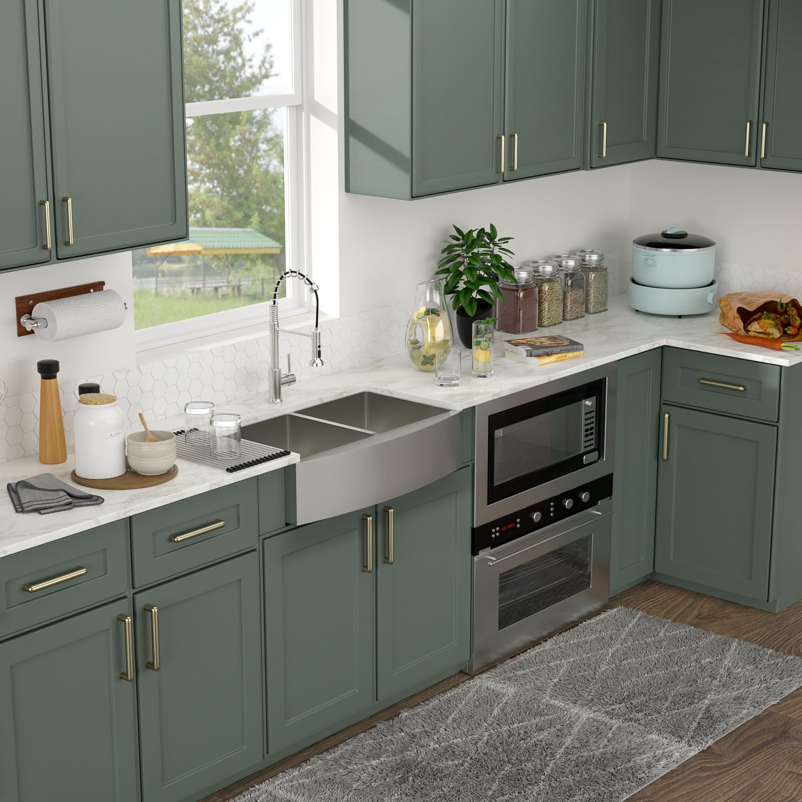 Logmey 33'' Farmhouse Kitchen Sink - Apron Front 50/50 Double Bowl - Silver Stainless Steel