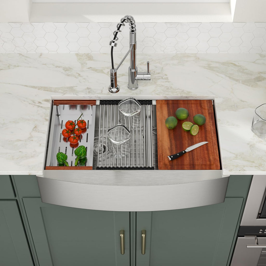Logmey 33'' Workstation Farmhouse Sink - Apron Front 60/40 Low Divide Double Bowl - Silver Stainless Steel