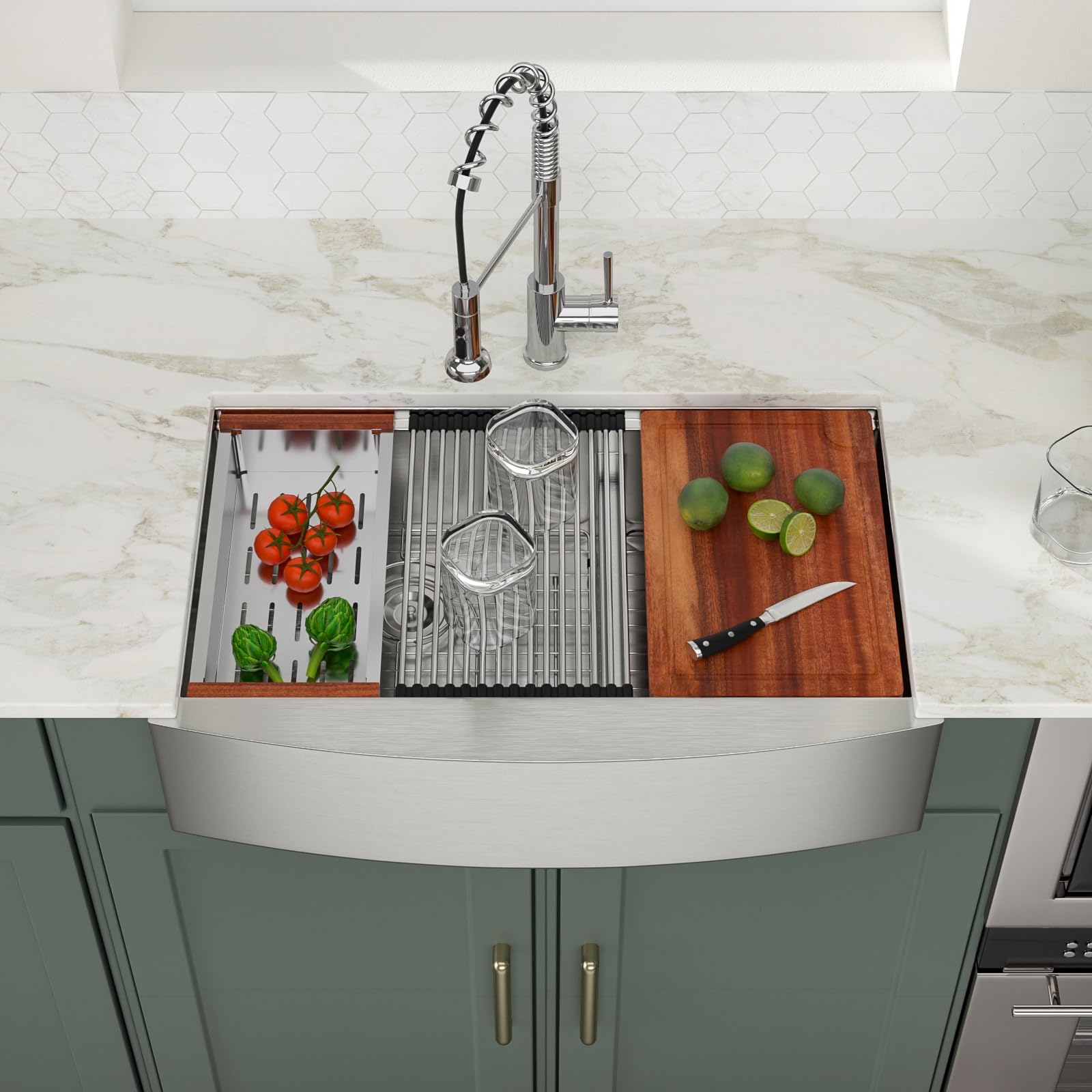 Logmey 33'' Workstation Farmhouse Sink - Apron Front 60/40 Low Divide Double Bowl - Silver Stainless Steel