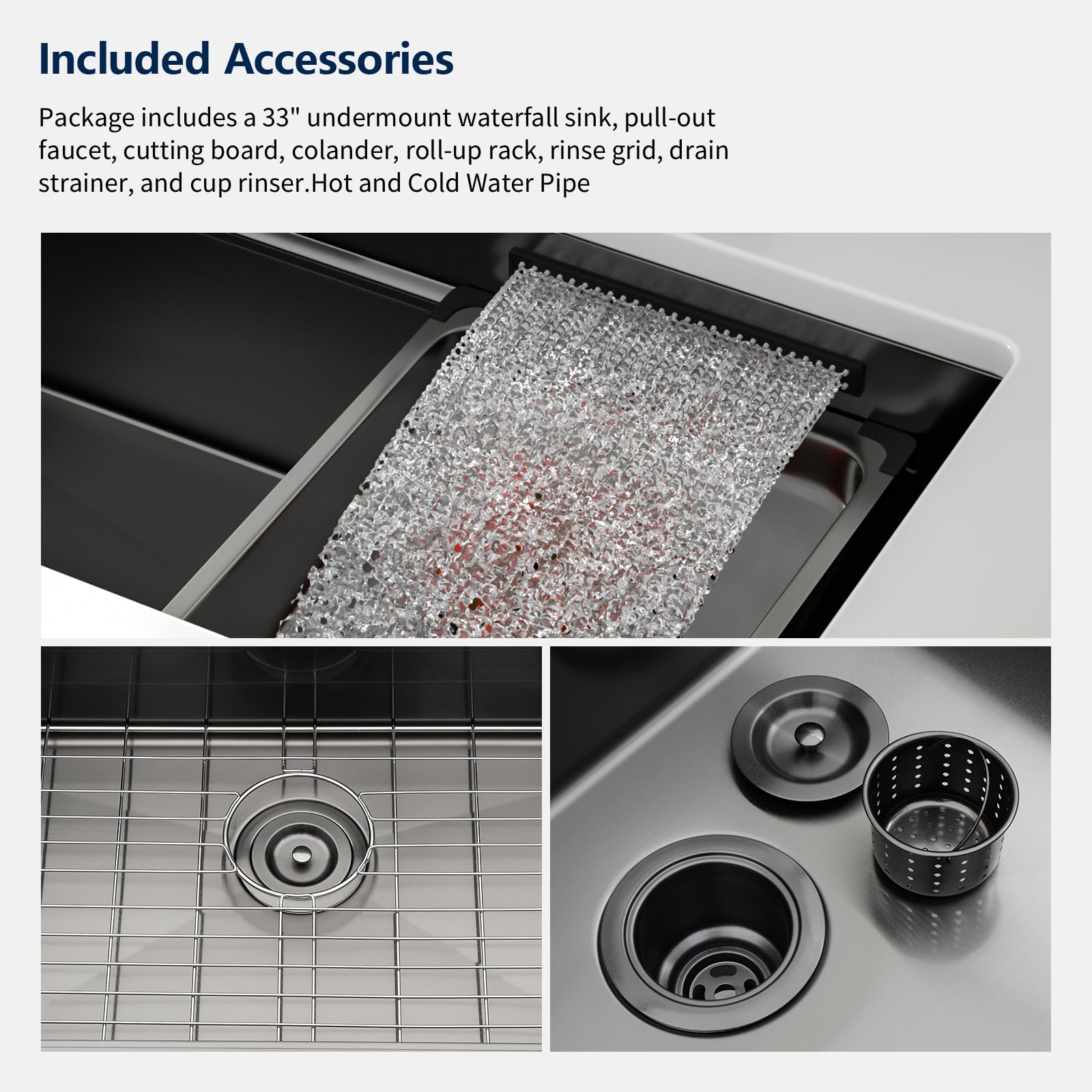 Logmey 33'' Double Step Waterfall Workstation Sink - Undermount Single Bowl with Faucet - Gunmetal Black NANO-PVD Stainless Steel