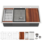 Logmey 33'' Workstation Kitchen Sink - Drop-In Single Bowl - Silver Stainless Steel